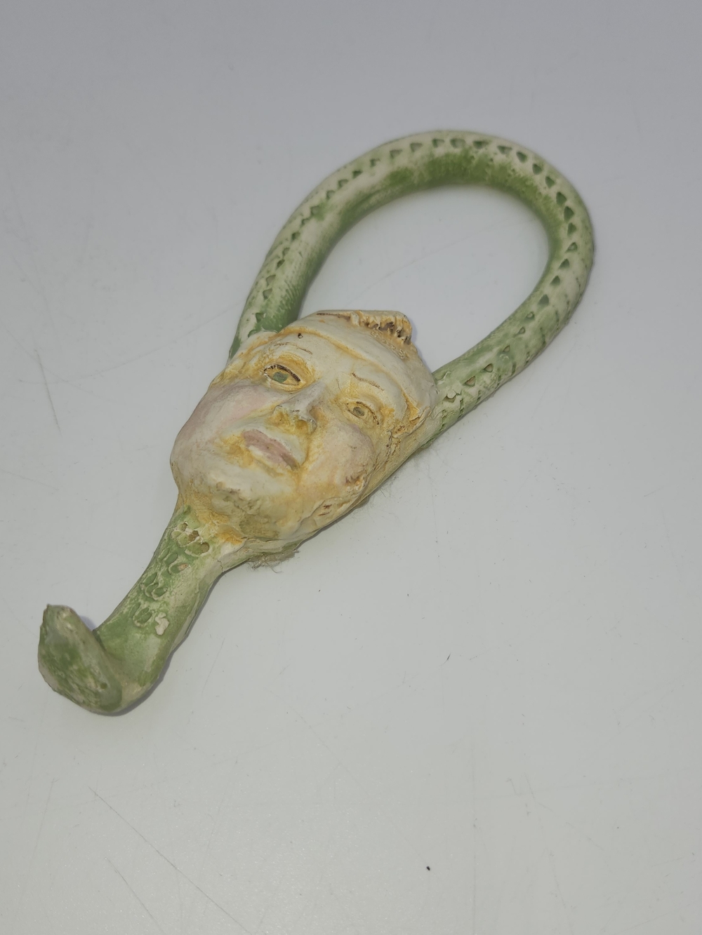 Vintage Ceramic Face Wall Hook Unusual Pottery Green and Cream
